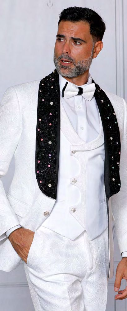 INSOMNIA DIOR Slim fit White Fancy Woven w/ Hand Sewn Trim and Bow Tie Suit