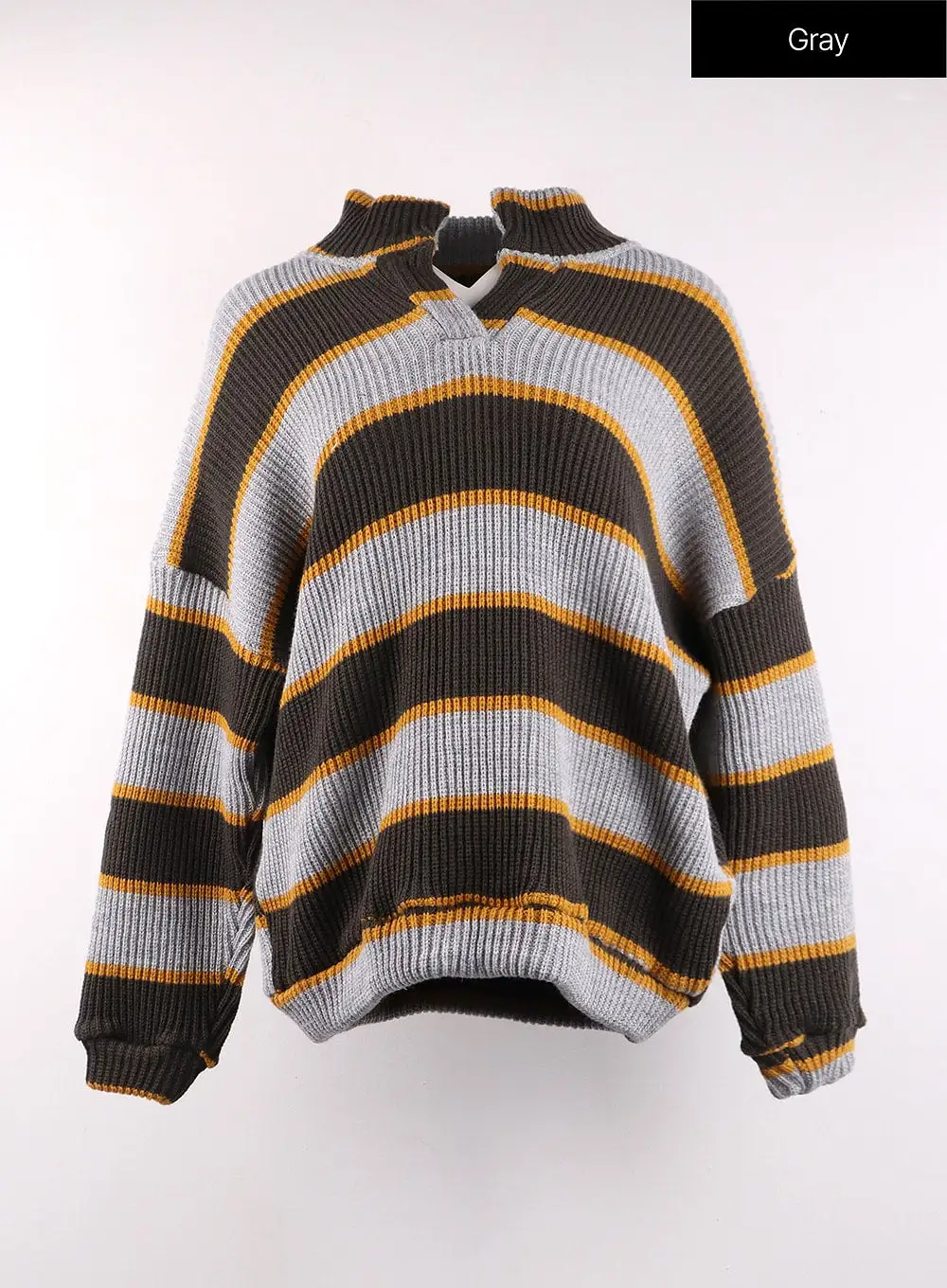 Knit High Neck Striped Button Long Sleeve Top OF405