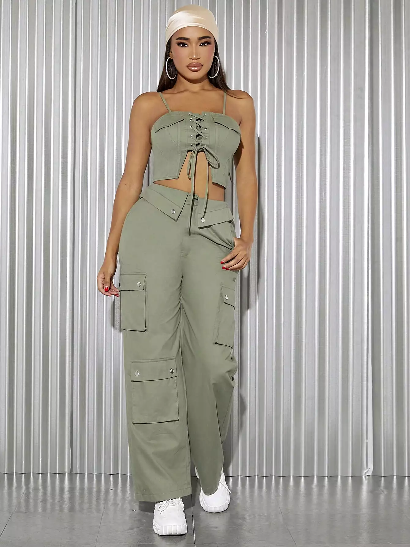 Lace Up Cami Crop Top Cargo Pants Set