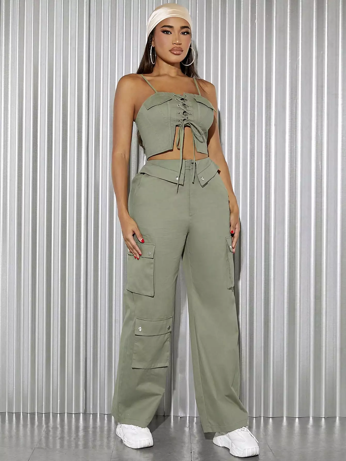 Lace Up Cami Crop Top Cargo Pants Set