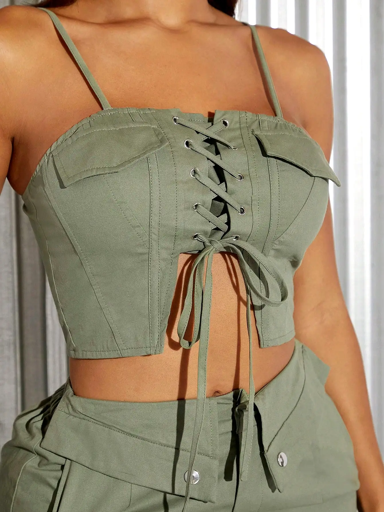 Lace Up Cami Crop Top Cargo Pants Set