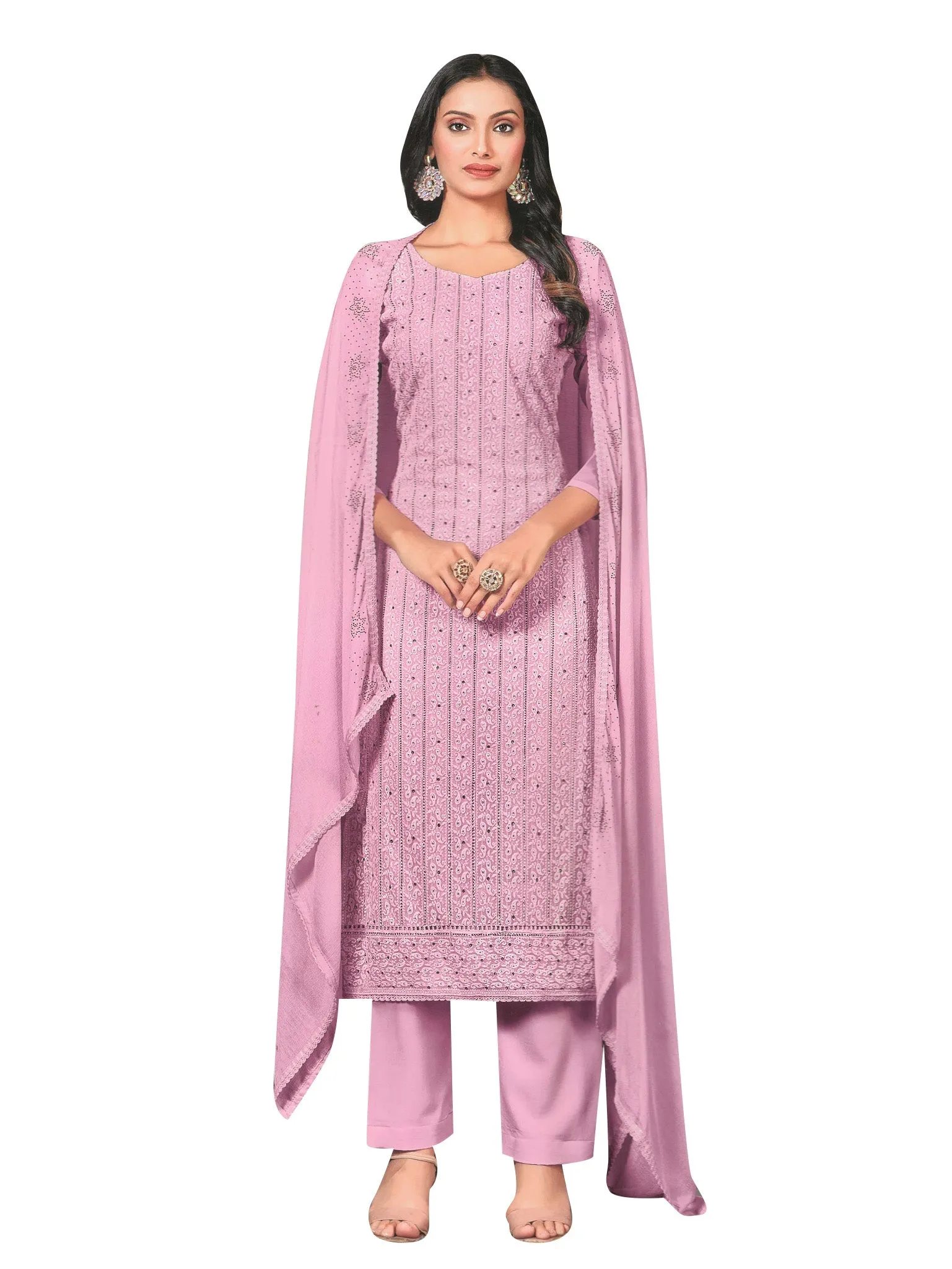 Ladyline Formal Georgette Chikankari Embroidered Salwar Kameez Kurta with Pants Set for Women