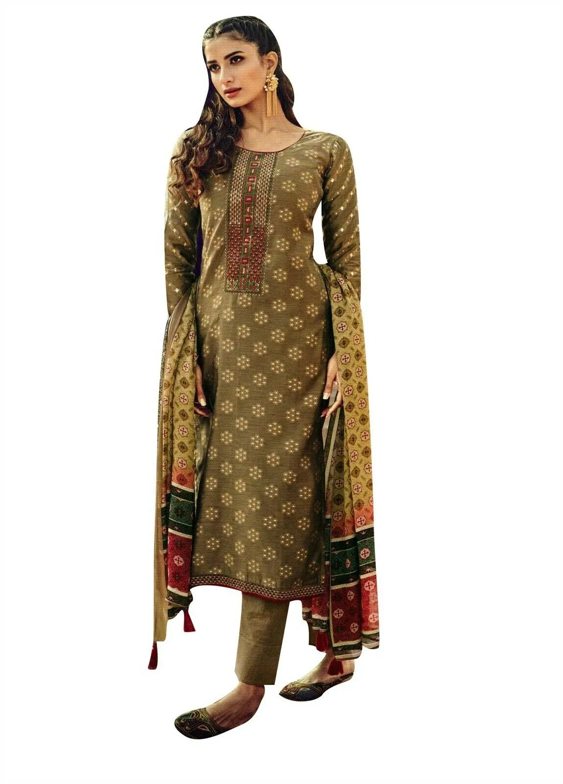 Ladyline Jacquard Silk Embroidered Salwar Kameez for Womens with Pants & Pure Chiffon Dupatta