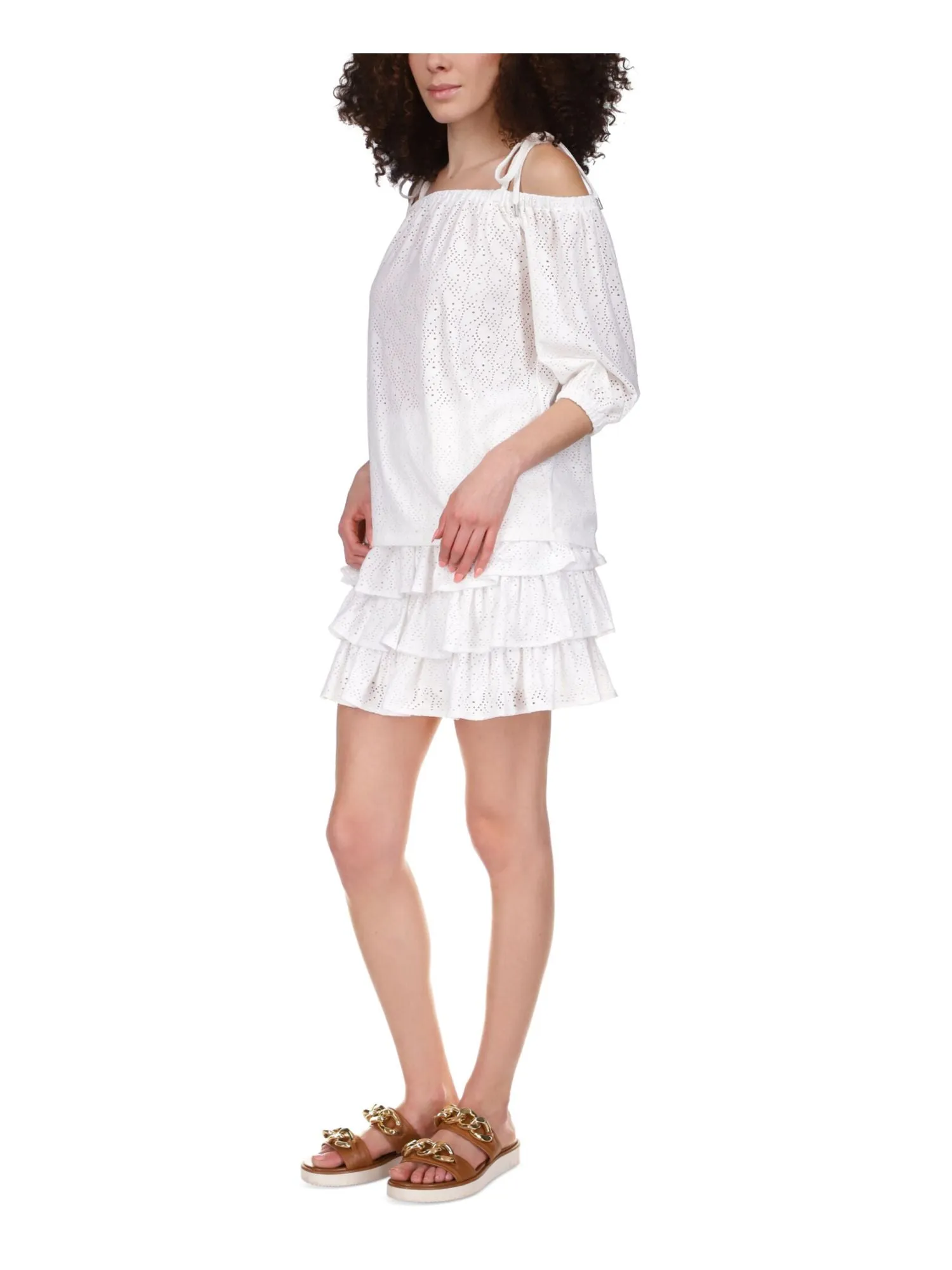 MICHAEL MICHAEL KORS Womens White Eyelet Smocked Tiered Short Ruffled Skirt