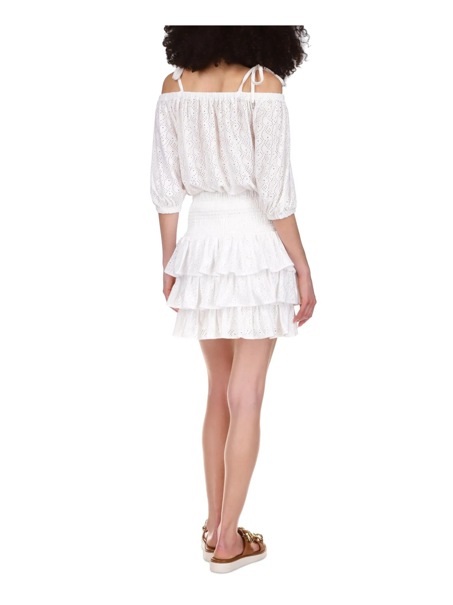 MICHAEL MICHAEL KORS Womens White Eyelet Smocked Tiered Short Ruffled Skirt