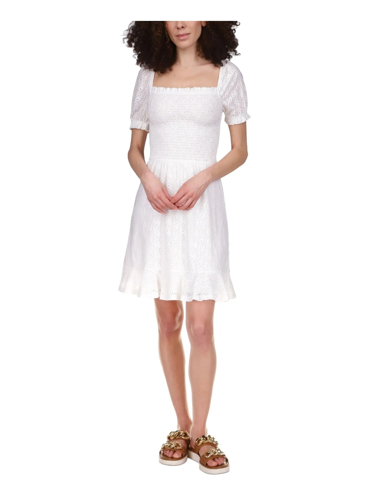 MICHAEL MICHAEL KORS Womens White Smocked Eyelet Peasant Dress Ruffled Logo Plate Pouf Sleeve Square Neck Above The Knee Dress