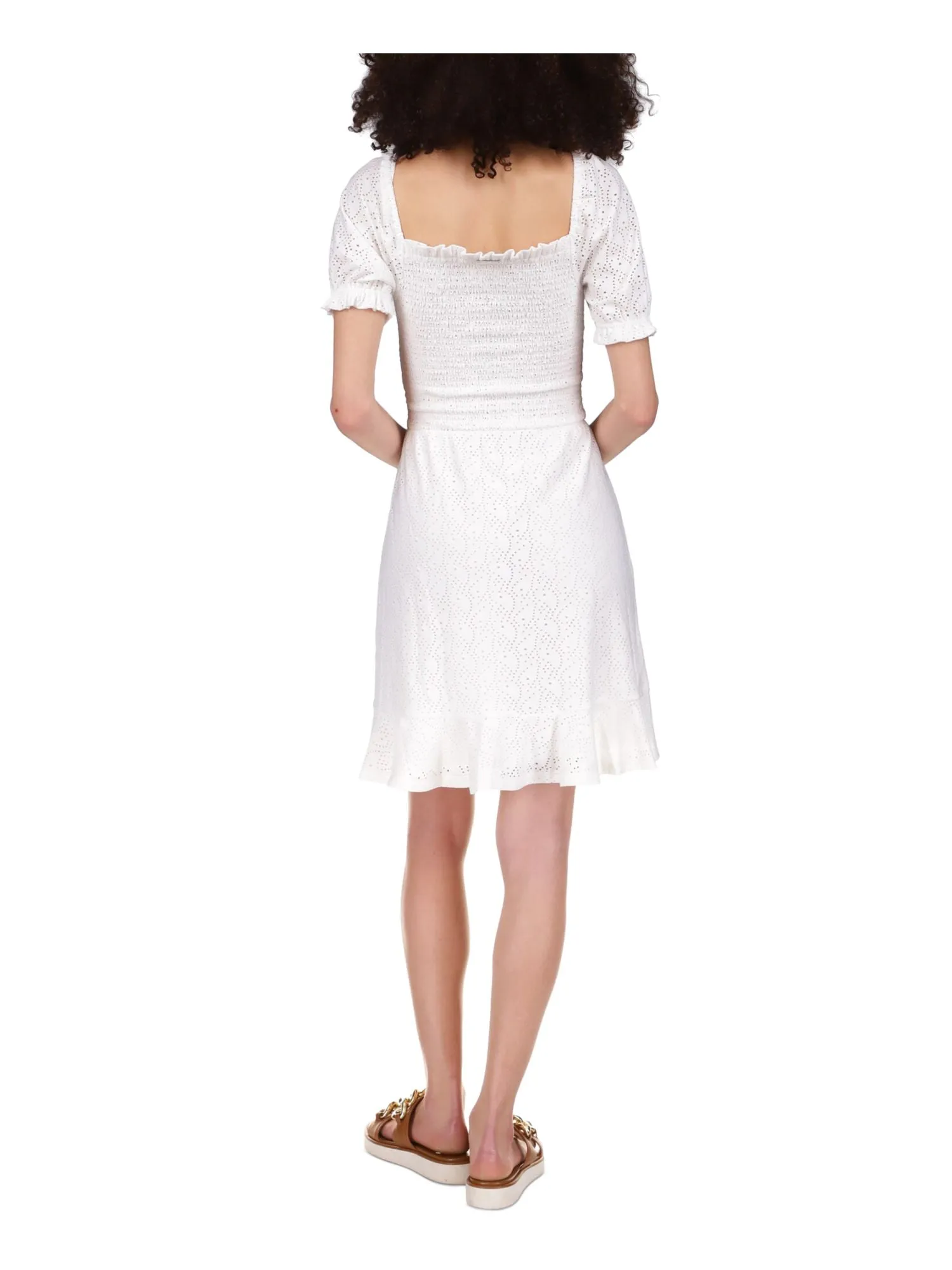 MICHAEL MICHAEL KORS Womens White Smocked Eyelet Peasant Dress Ruffled Logo Plate Pouf Sleeve Square Neck Above The Knee Dress