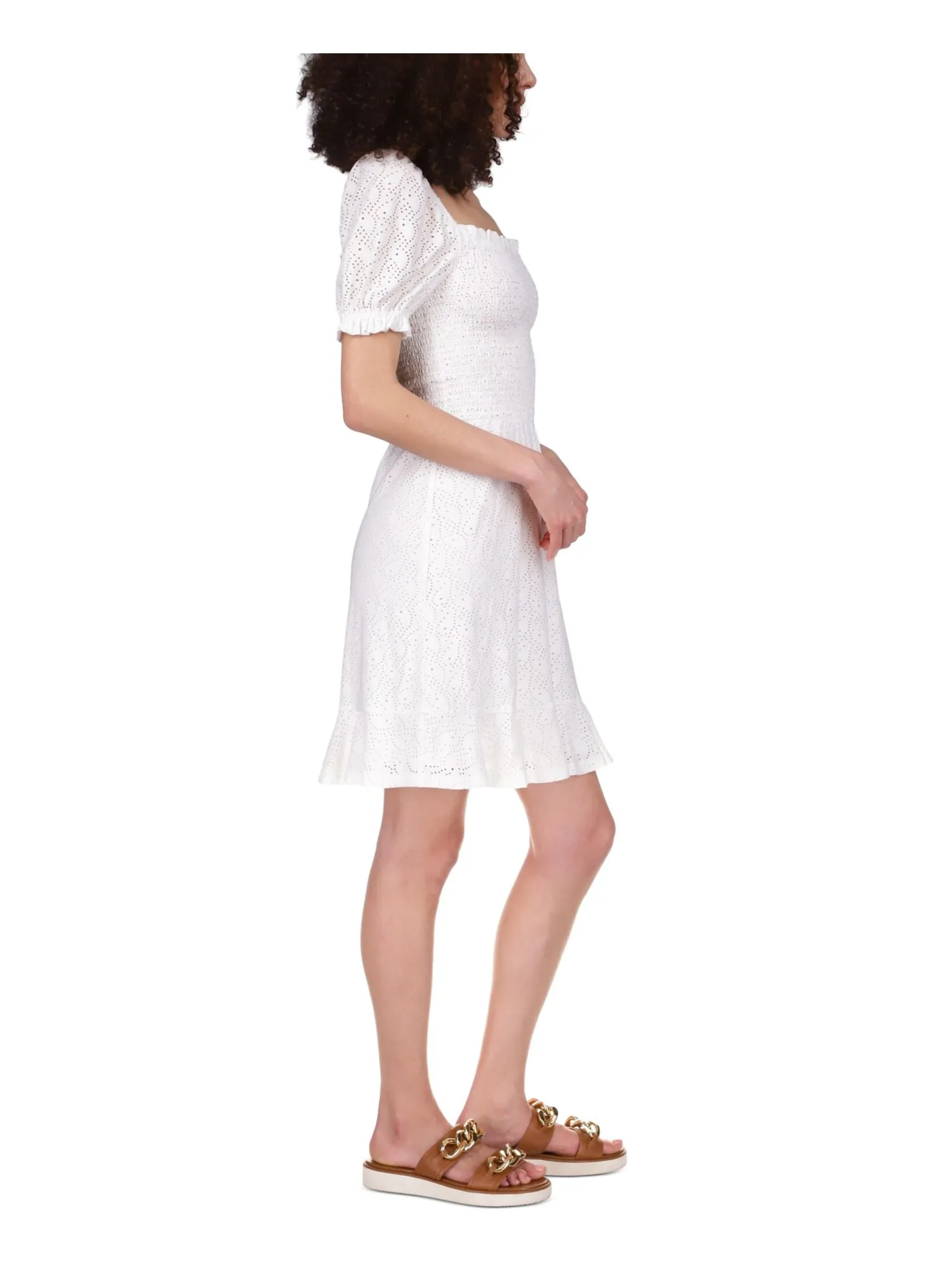 MICHAEL MICHAEL KORS Womens White Smocked Eyelet Peasant Dress Ruffled Logo Plate Pouf Sleeve Square Neck Above The Knee Dress