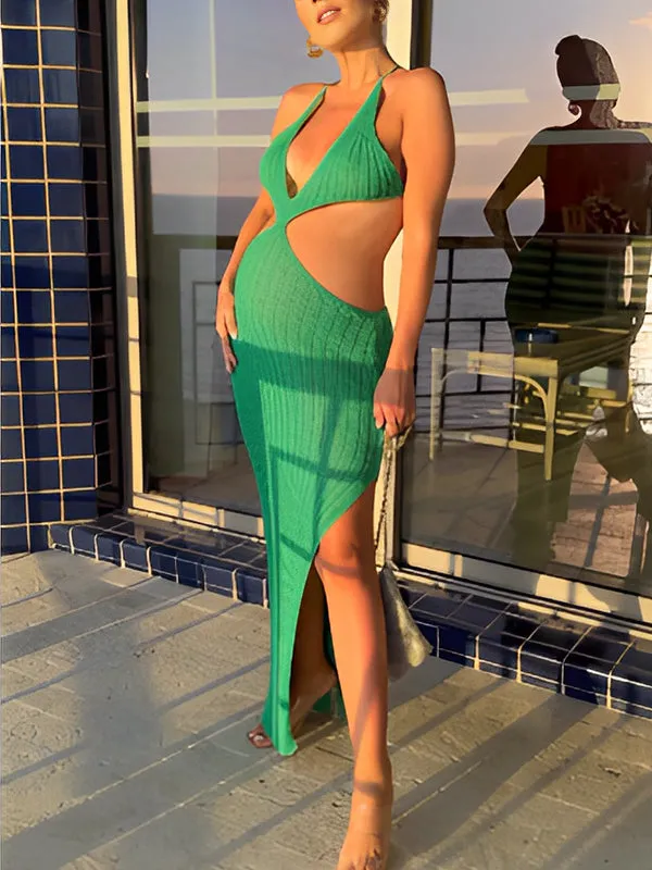 Momnfancy Green Crochet Irregular Cut Out Crop Side Slit Cami Backless Bodycon Chic Beach Vacation Maternity Photoshoot Baby Sho