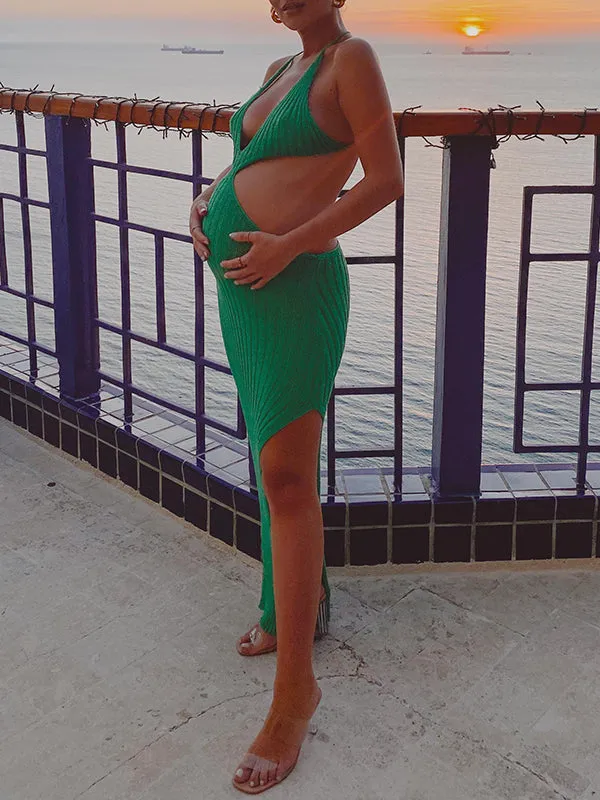 Momnfancy Green Crochet Irregular Cut Out Crop Side Slit Cami Backless Bodycon Chic Beach Vacation Maternity Photoshoot Baby Sho