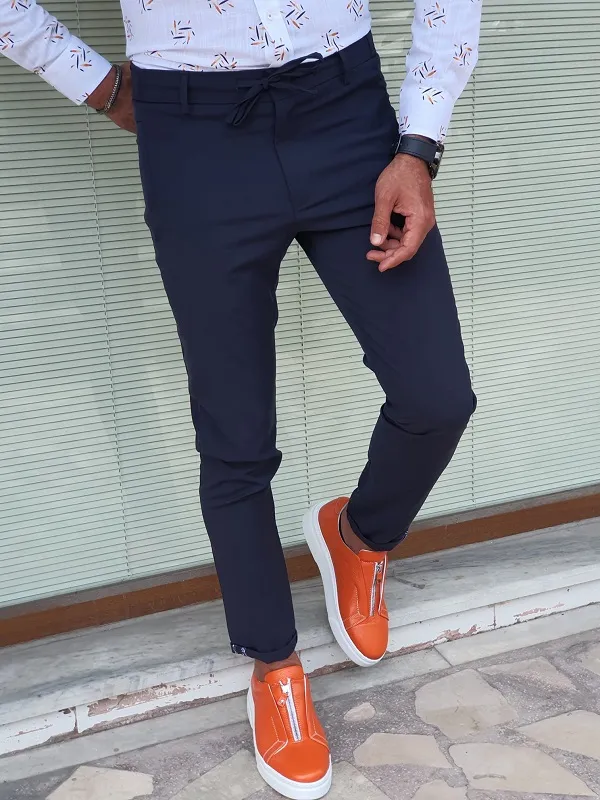 Navy Blue Slim Fit Cotton Pants for Men by GentWith | Worldwide Shipping