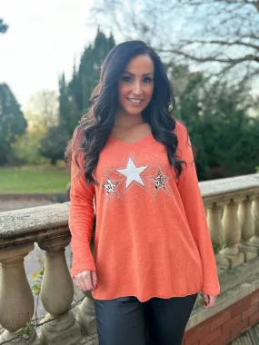 Orange V Neck Sparkle Star Knit Chloe