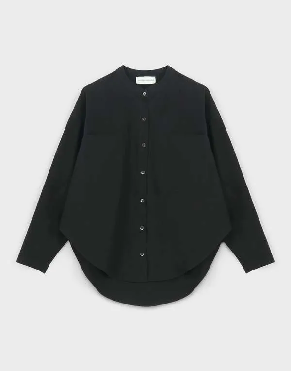 Oversize Mock Collar Button Down - Black Parchment Poplin