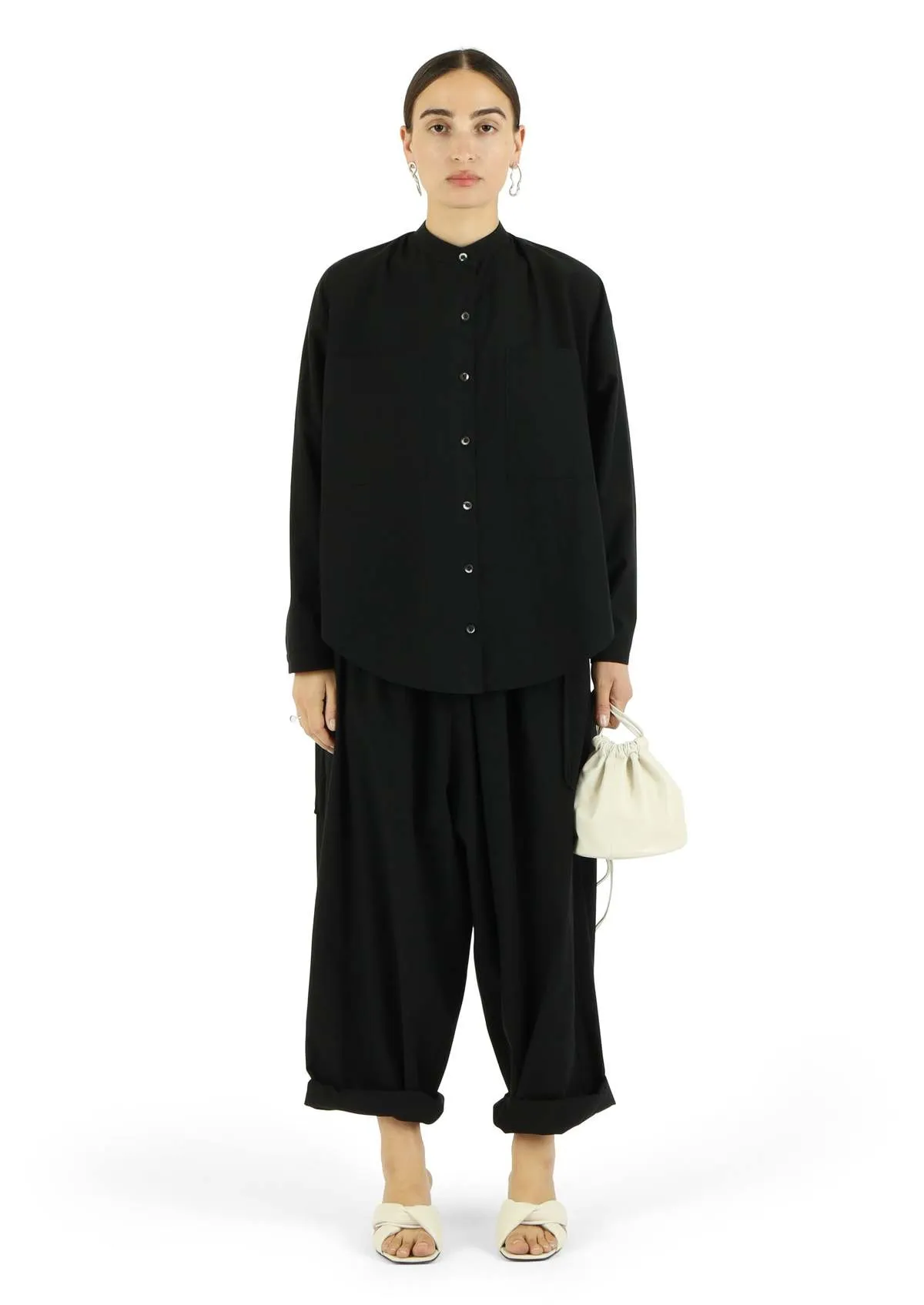 Oversize Mock Collar Button Down - Black Parchment Poplin