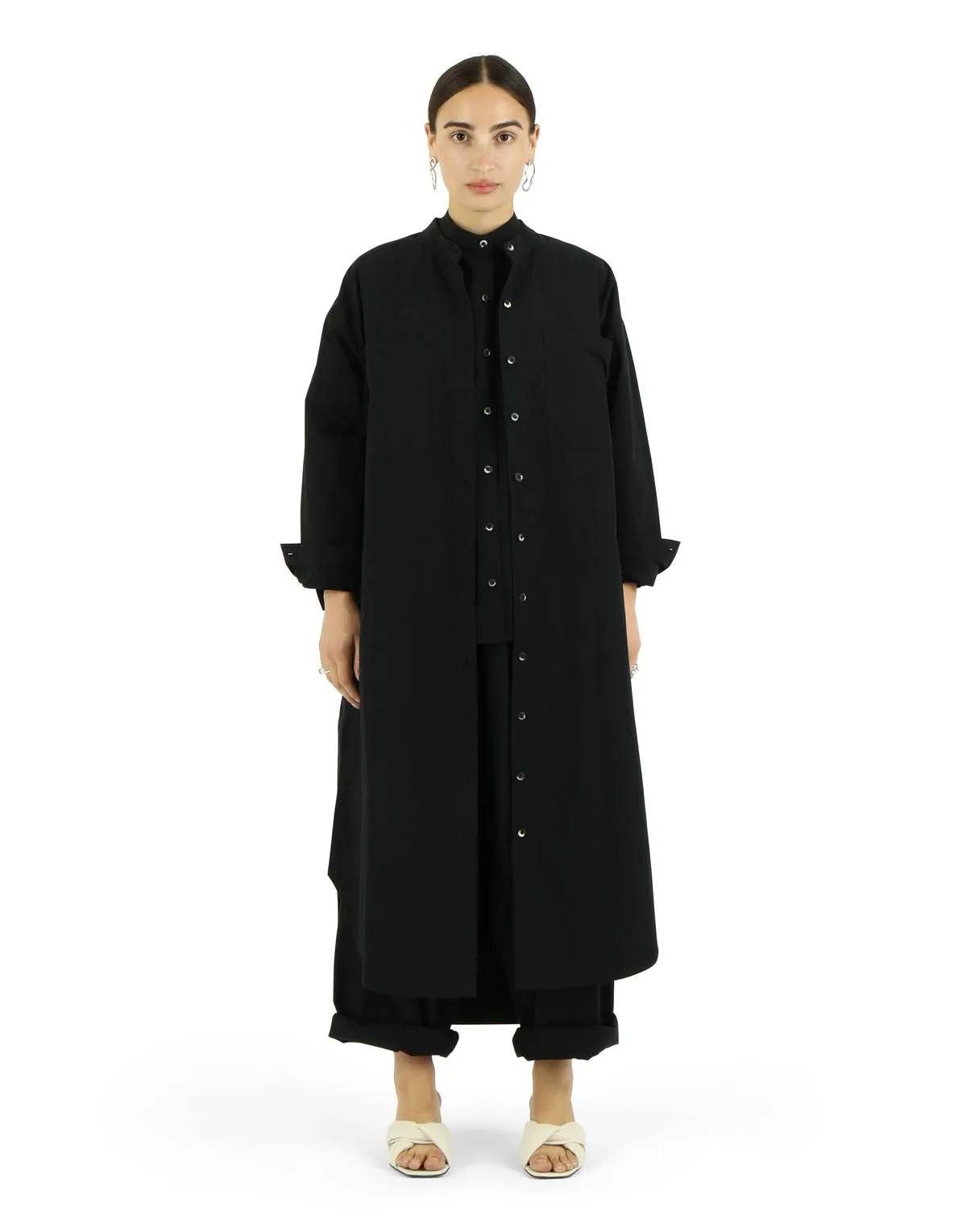 Oversize Mock Collar Button Down - Black Parchment Poplin