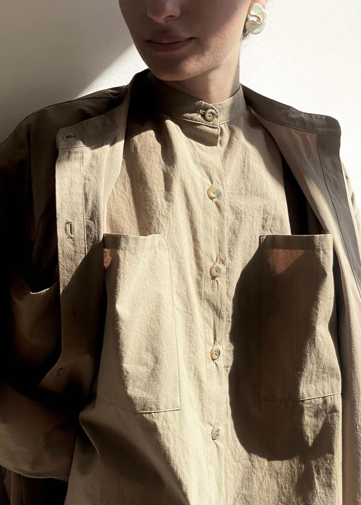 Oversize Mock Collar Button Down - Khaki Parchment Poplin