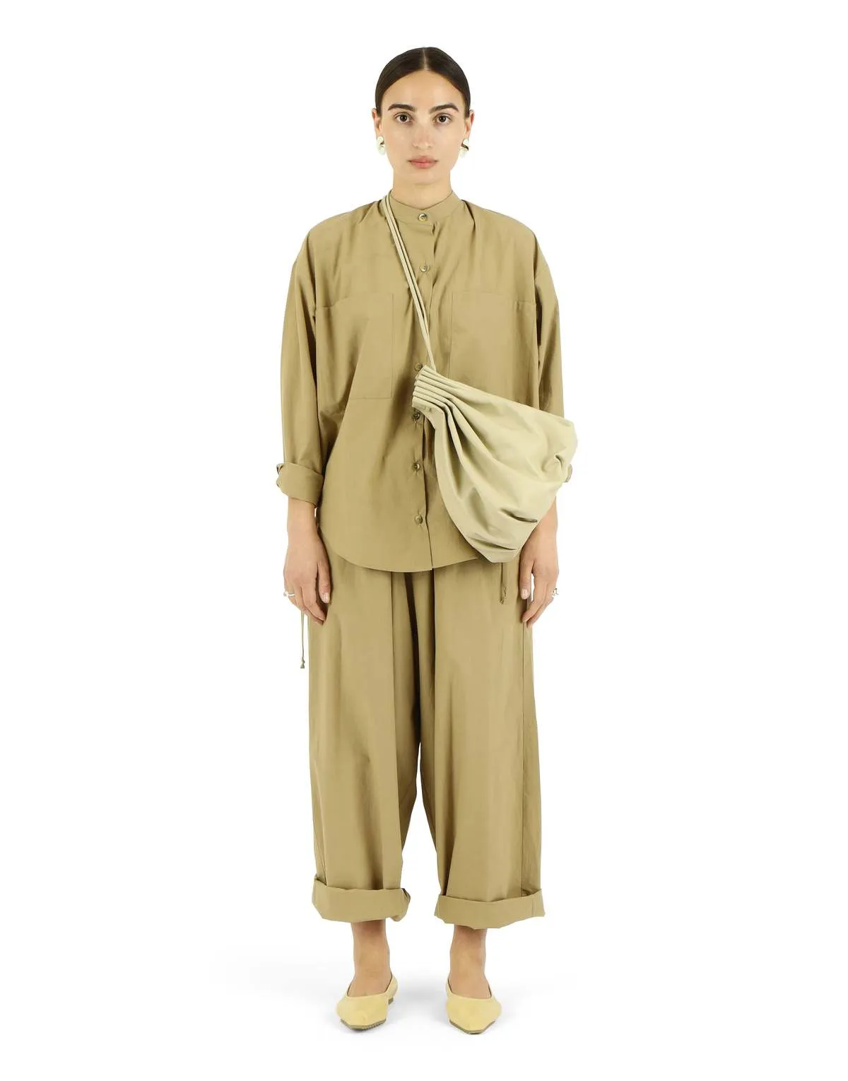 Oversize Mock Collar Button Down - Khaki Parchment Poplin