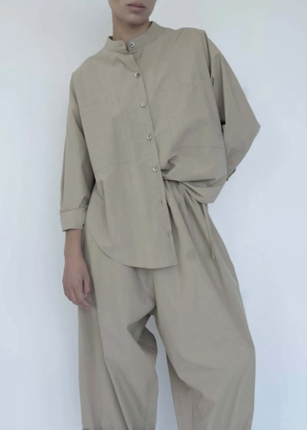 Oversize Mock Collar Button Down - Taupe Parchment Poplin