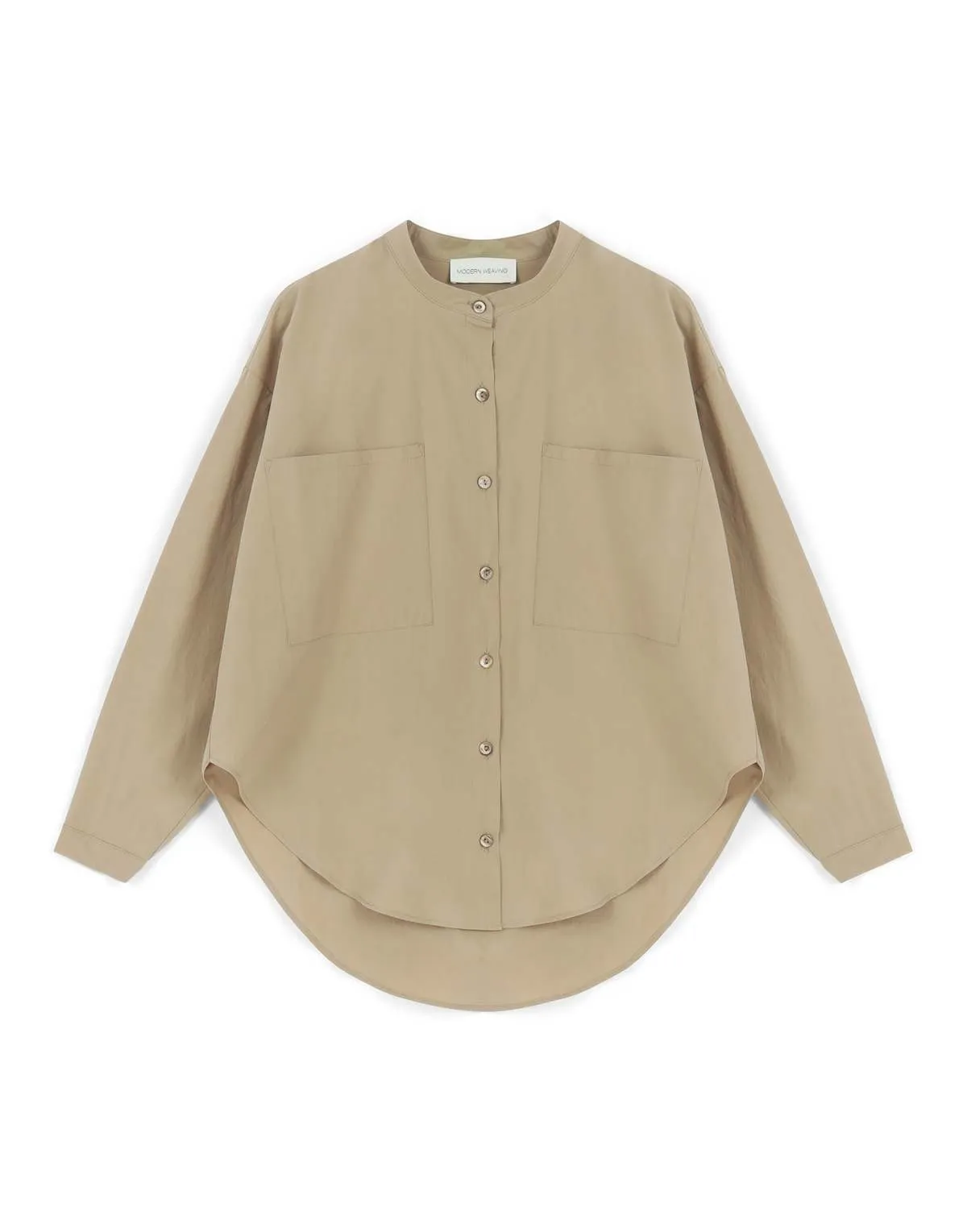 Oversize Mock Collar Button Down - Taupe Parchment Poplin