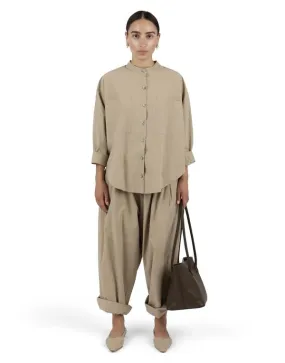 Oversize Mock Collar Button Down - Taupe Parchment Poplin