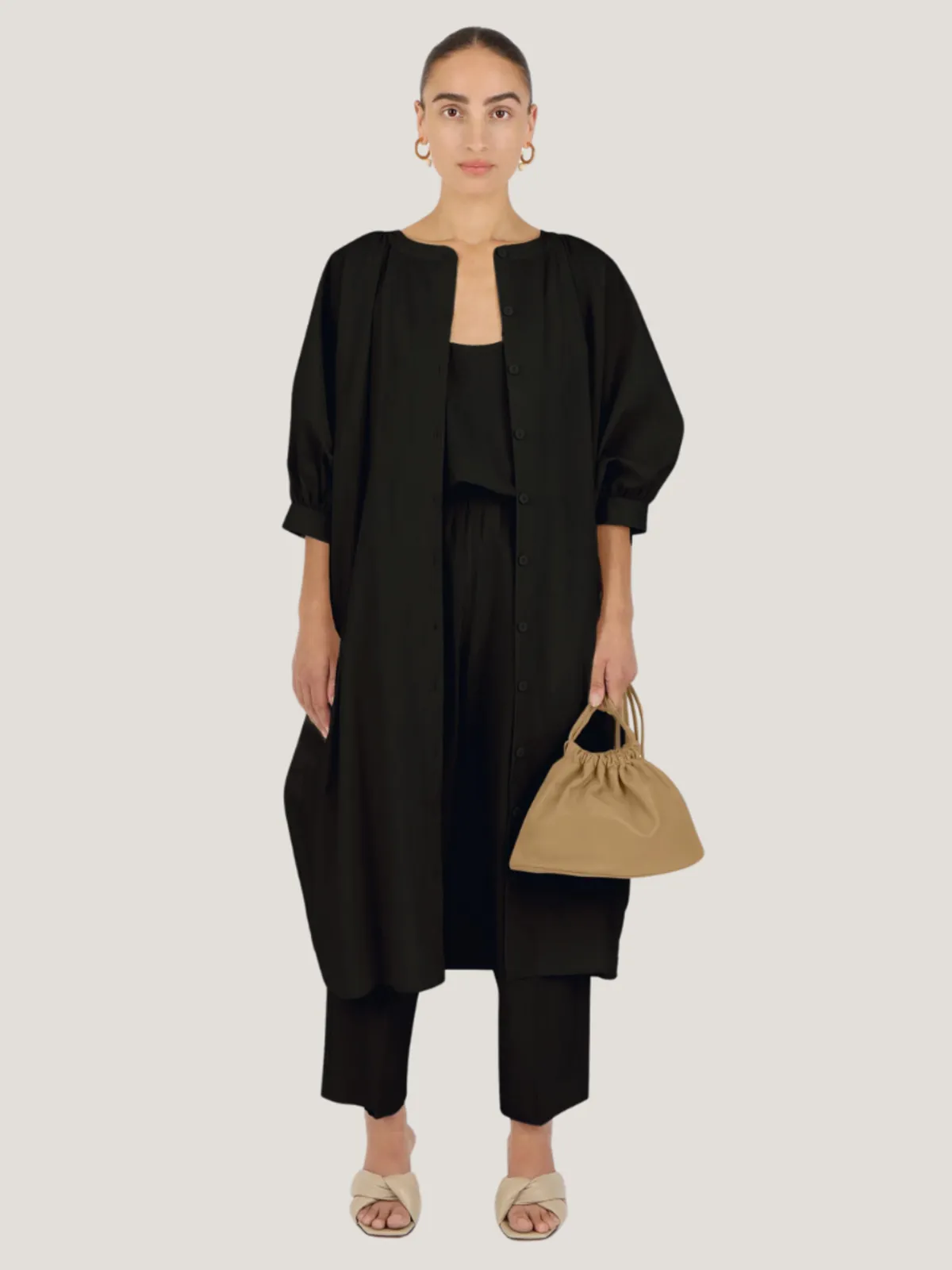 Parchment Poplin Button Front Kaftan - Black