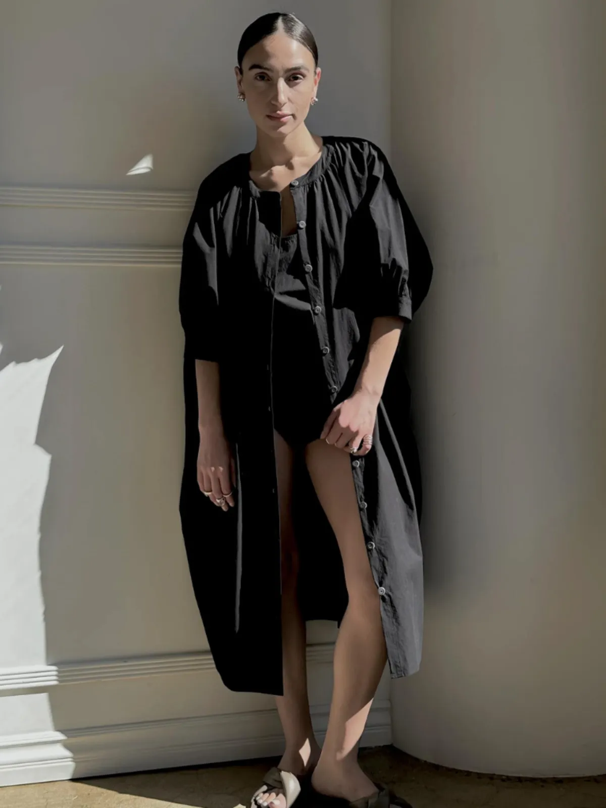 Parchment Poplin Button Front Kaftan - Black