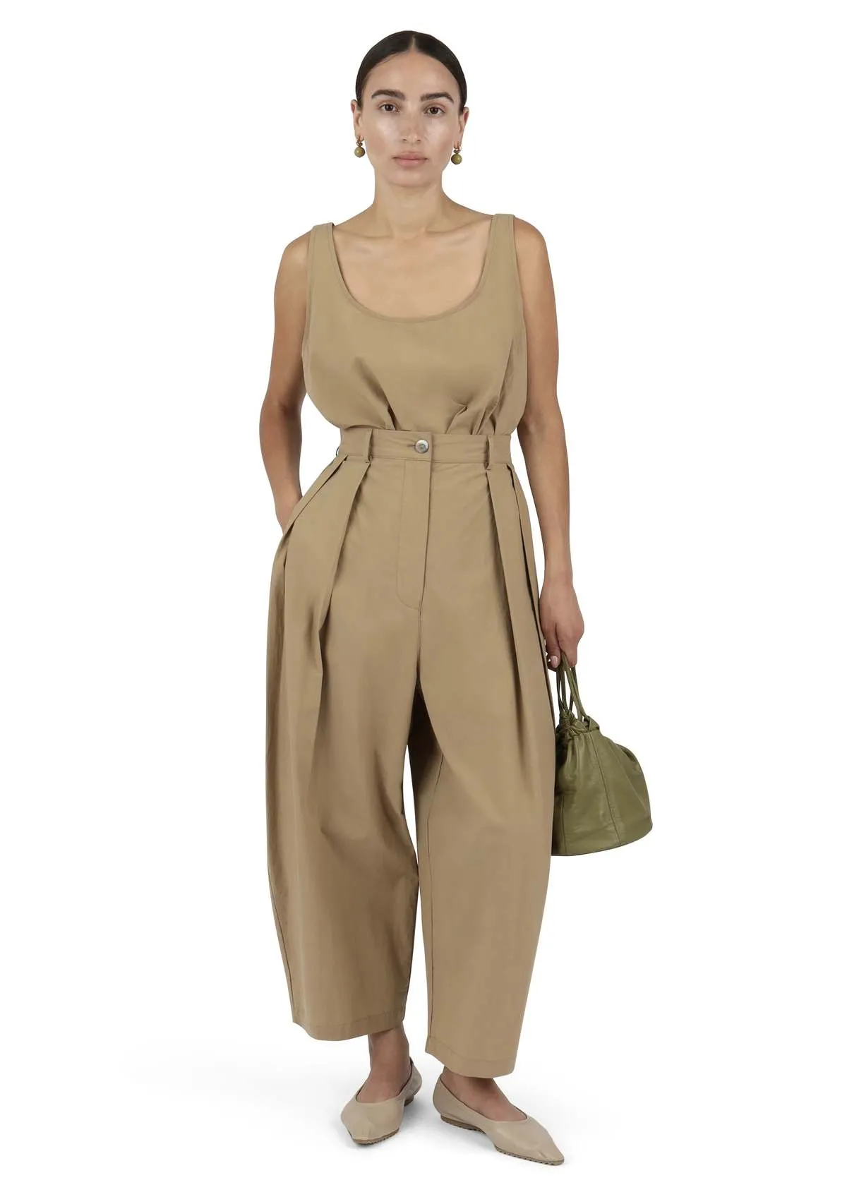 Parchment Poplin Voluminous Pleat Trouser - Khaki