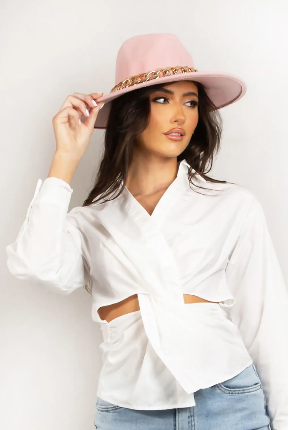 Pink Chain Felt Fedora Hat