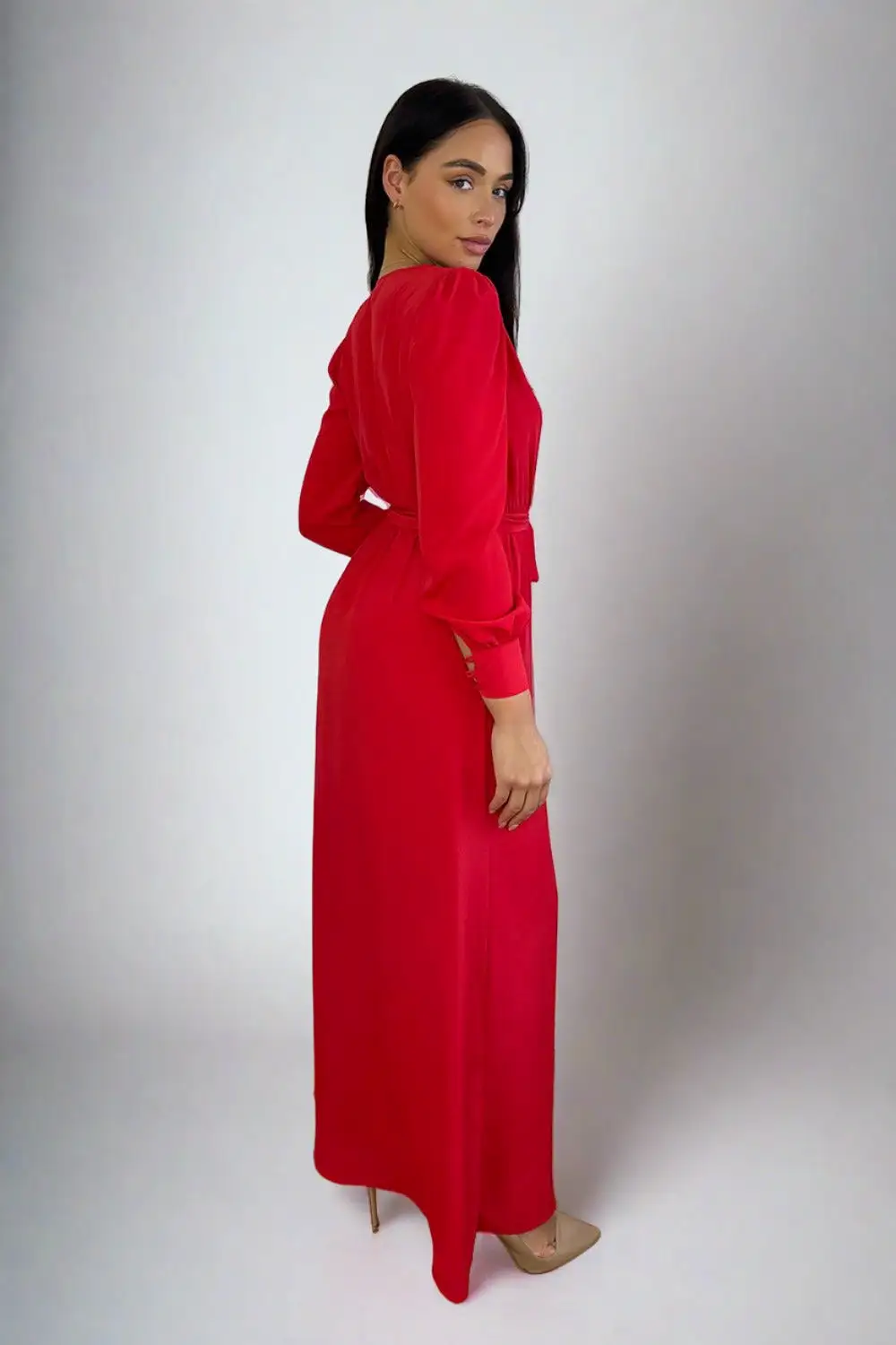 Red Chiffon Deep Plunge Neckline Maxi Dress