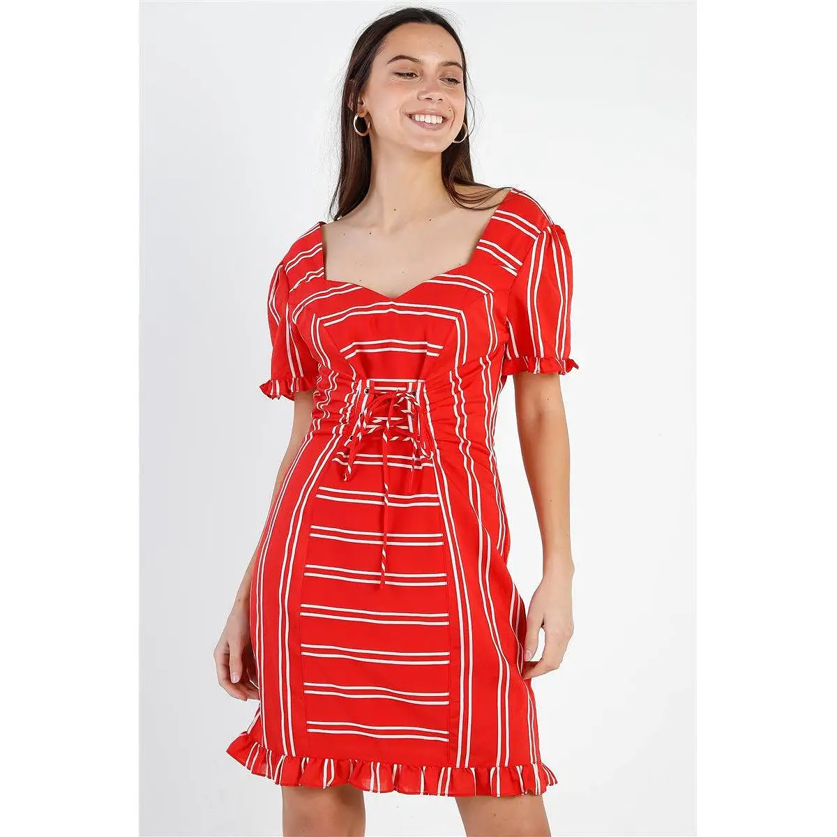 Red Stripe Lace Up Front Detail Ruffle Trim Balloon Sleeve Dress