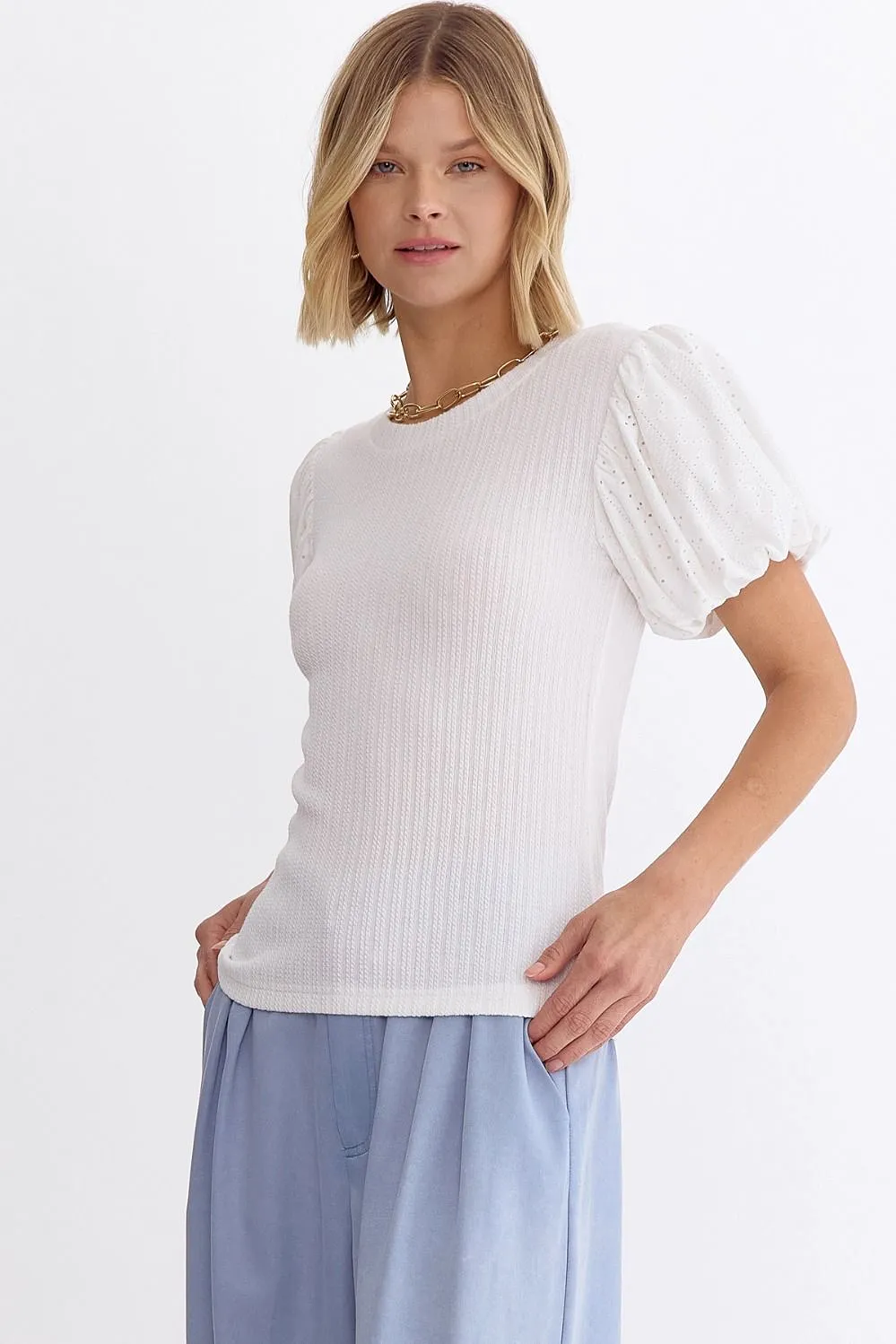 Round Neck Cable Knit Short Sleeve Top