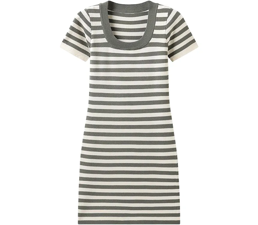 Short-Sleeve Square Neck Striped Midi A-Line Knit Dress kk18