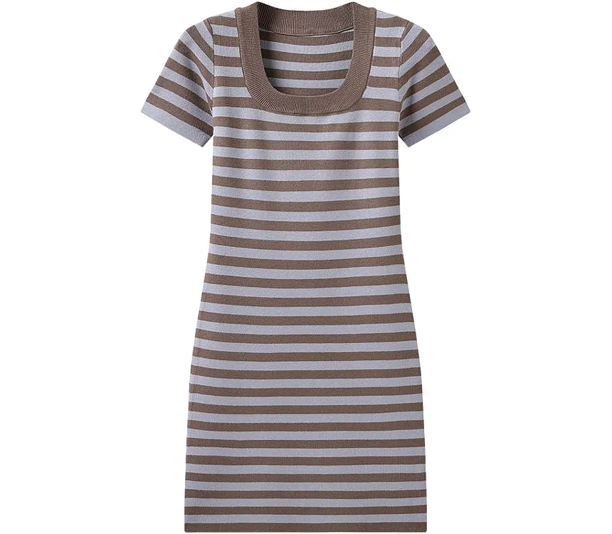 Short-Sleeve Square Neck Striped Midi A-Line Knit Dress kk18