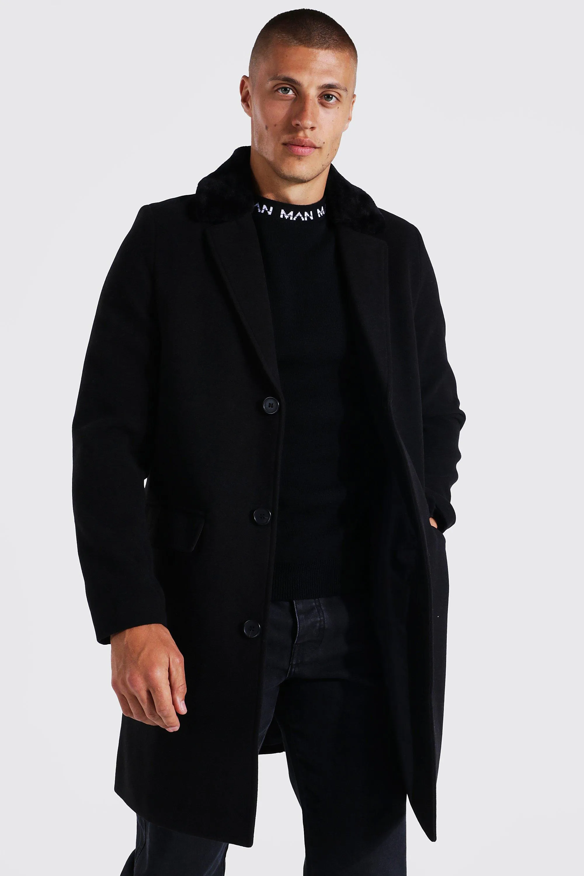 Smart Faux Fur Back Collar Overcoat | boohooMAN UK