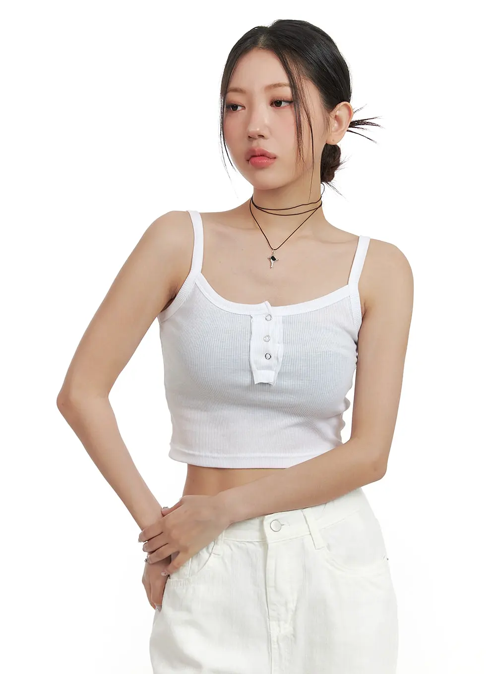 Solid Buttoned Cotton Cami Crop Top OA416