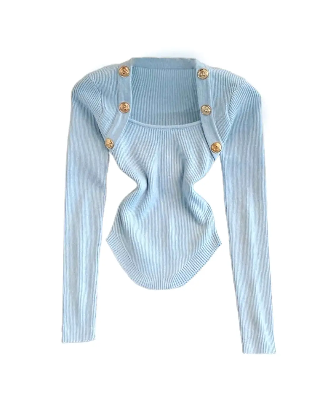 Square Neck Metal Buttoned Knit Top