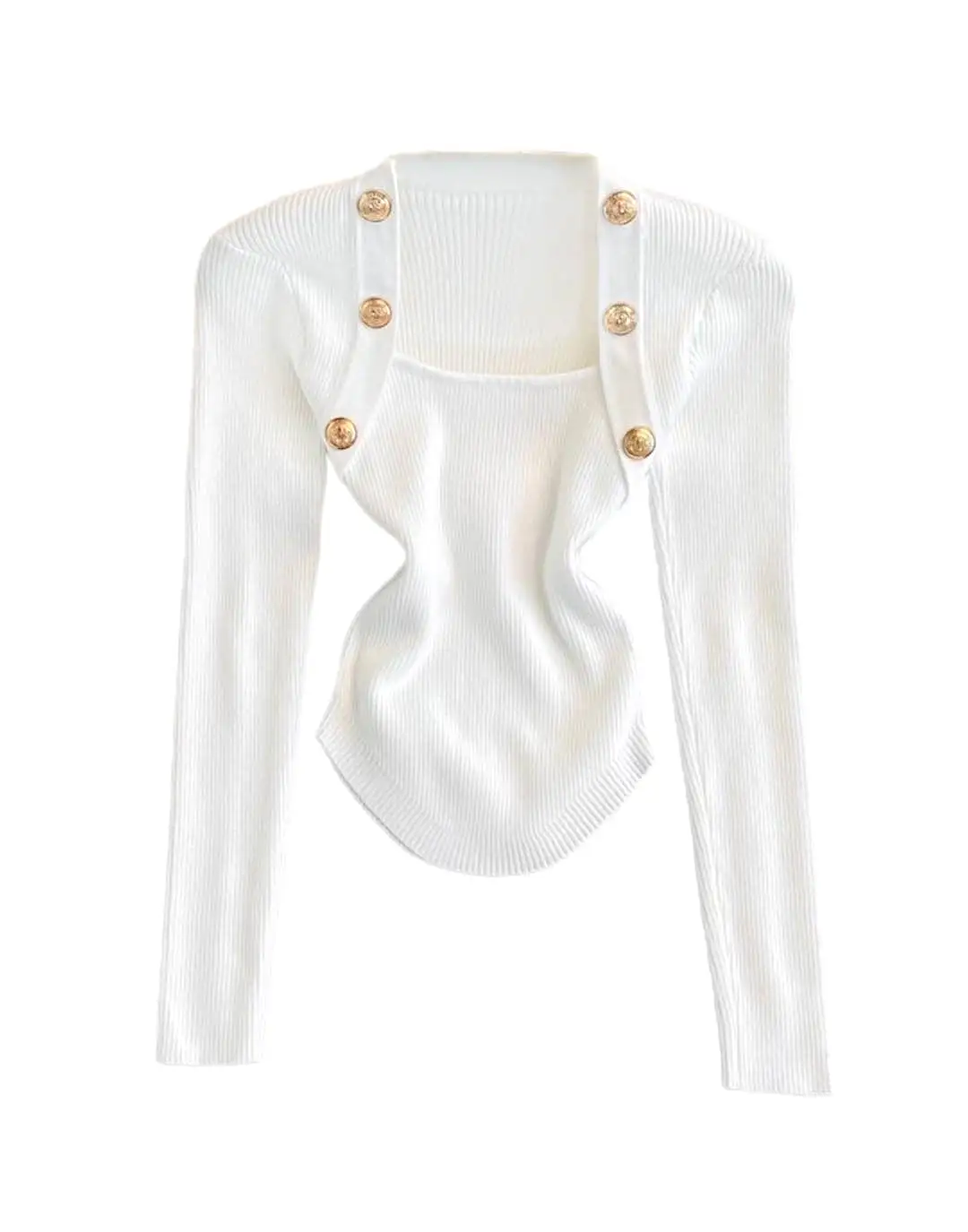 Square Neck Metal Buttoned Knit Top