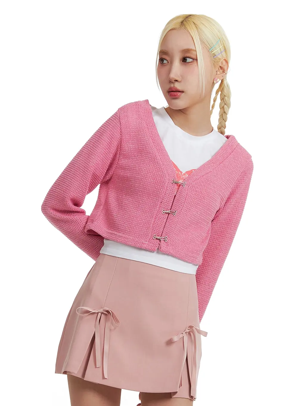 V-Neck Solid Knit Cropped Cardigan IF408