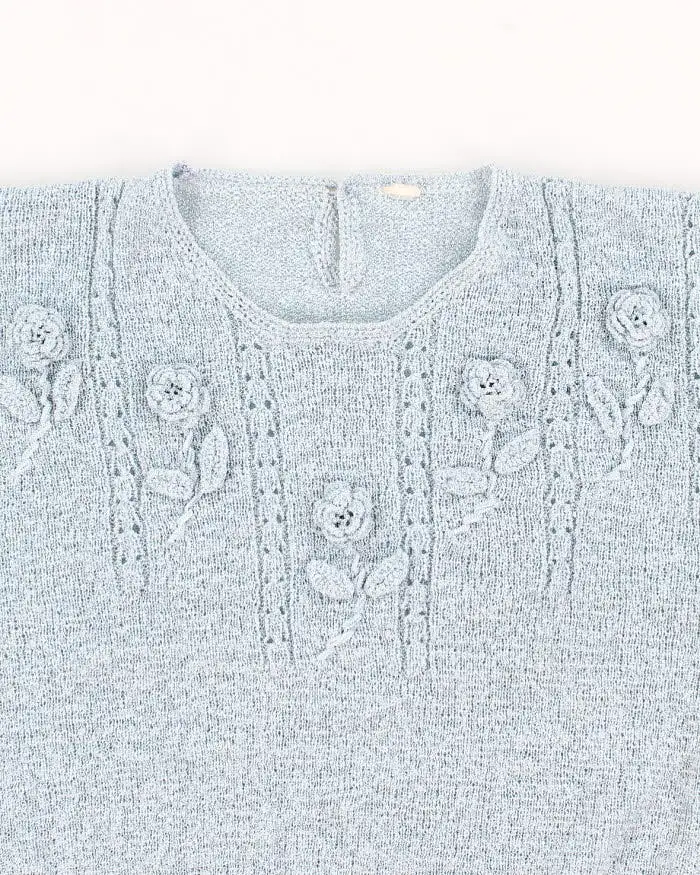 Vintage Woman's Baby Blue Rose embellished Knit Jumper - XS