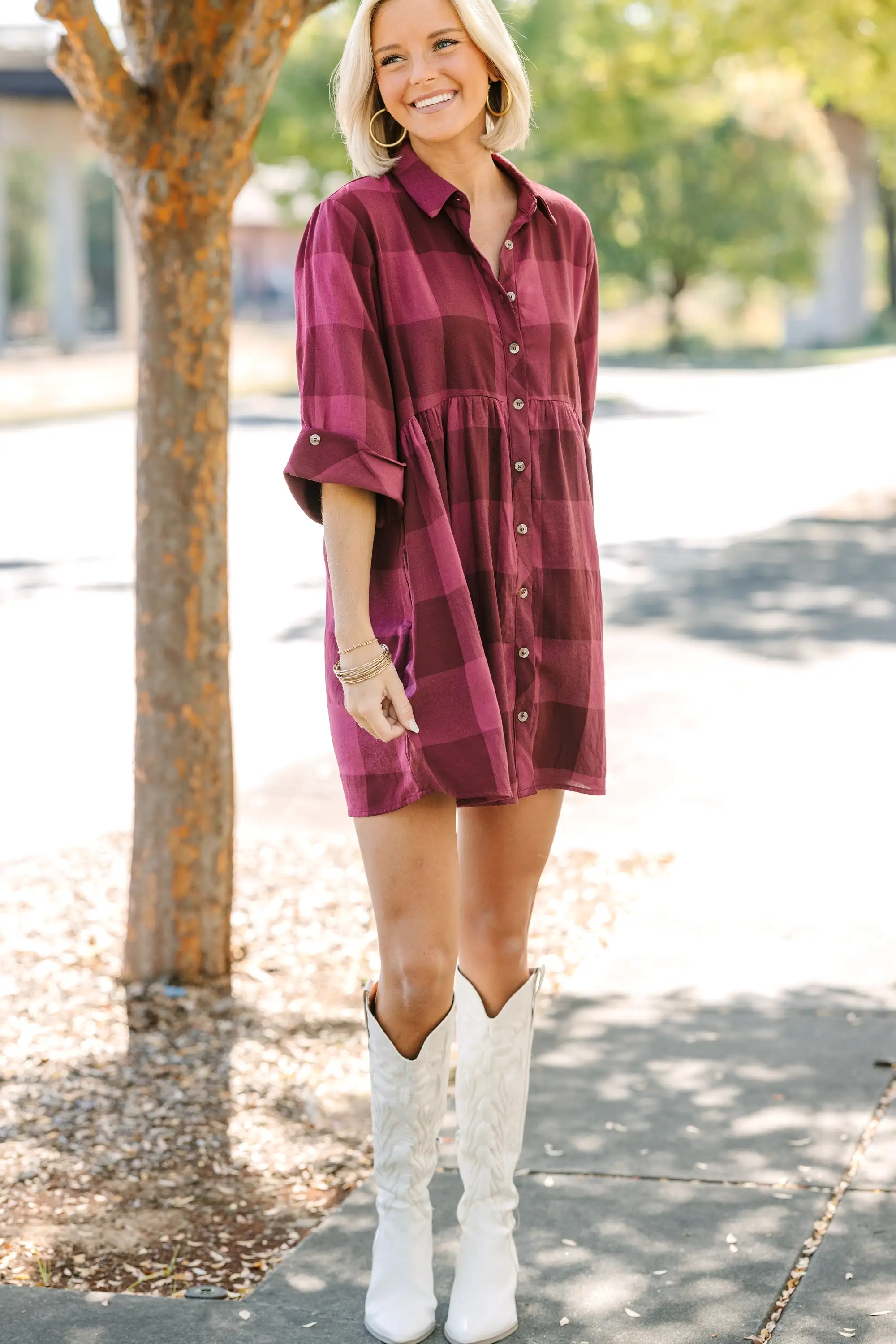 We're Better Together Burgundy Red Plaid Babydoll Dress