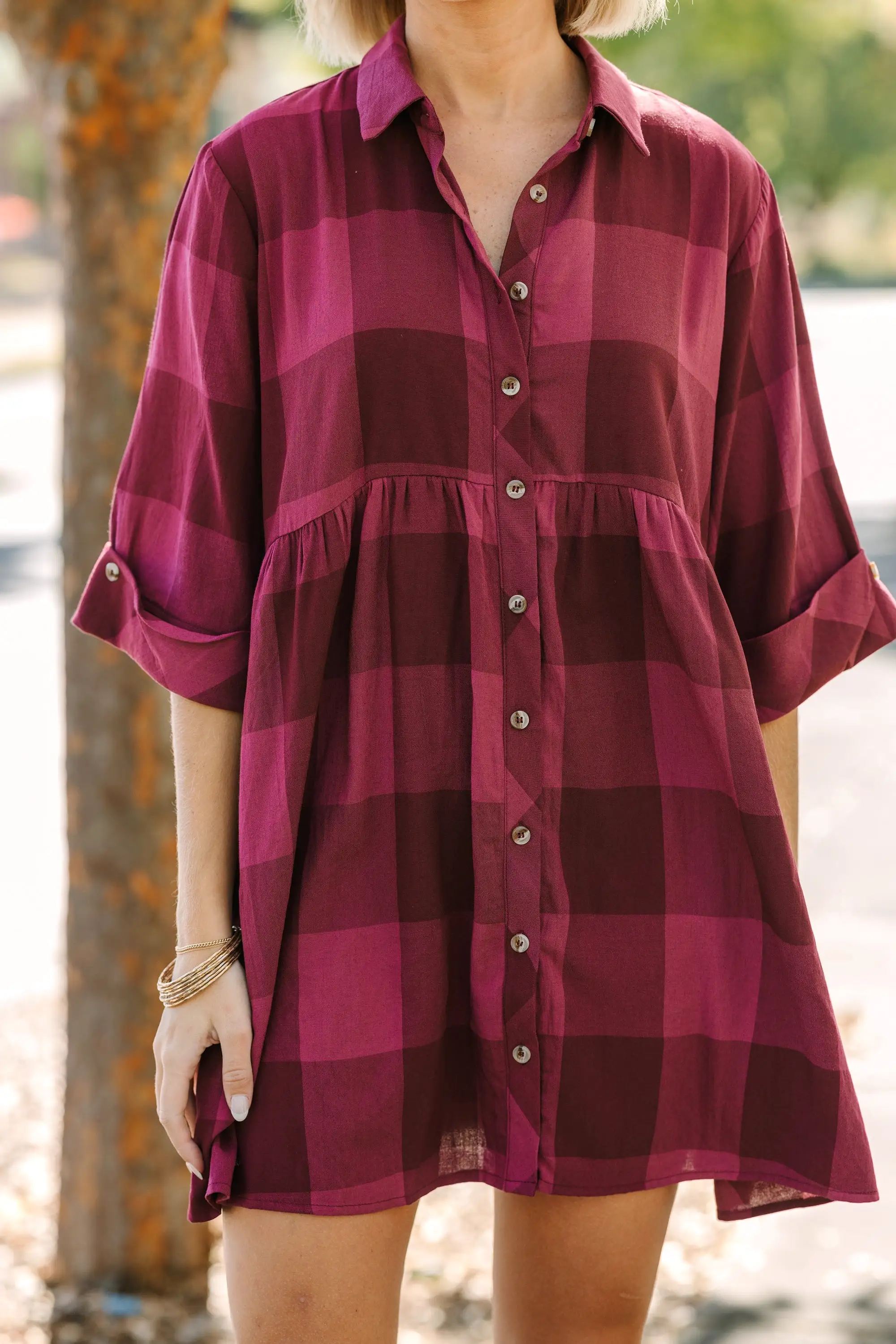 We're Better Together Burgundy Red Plaid Babydoll Dress