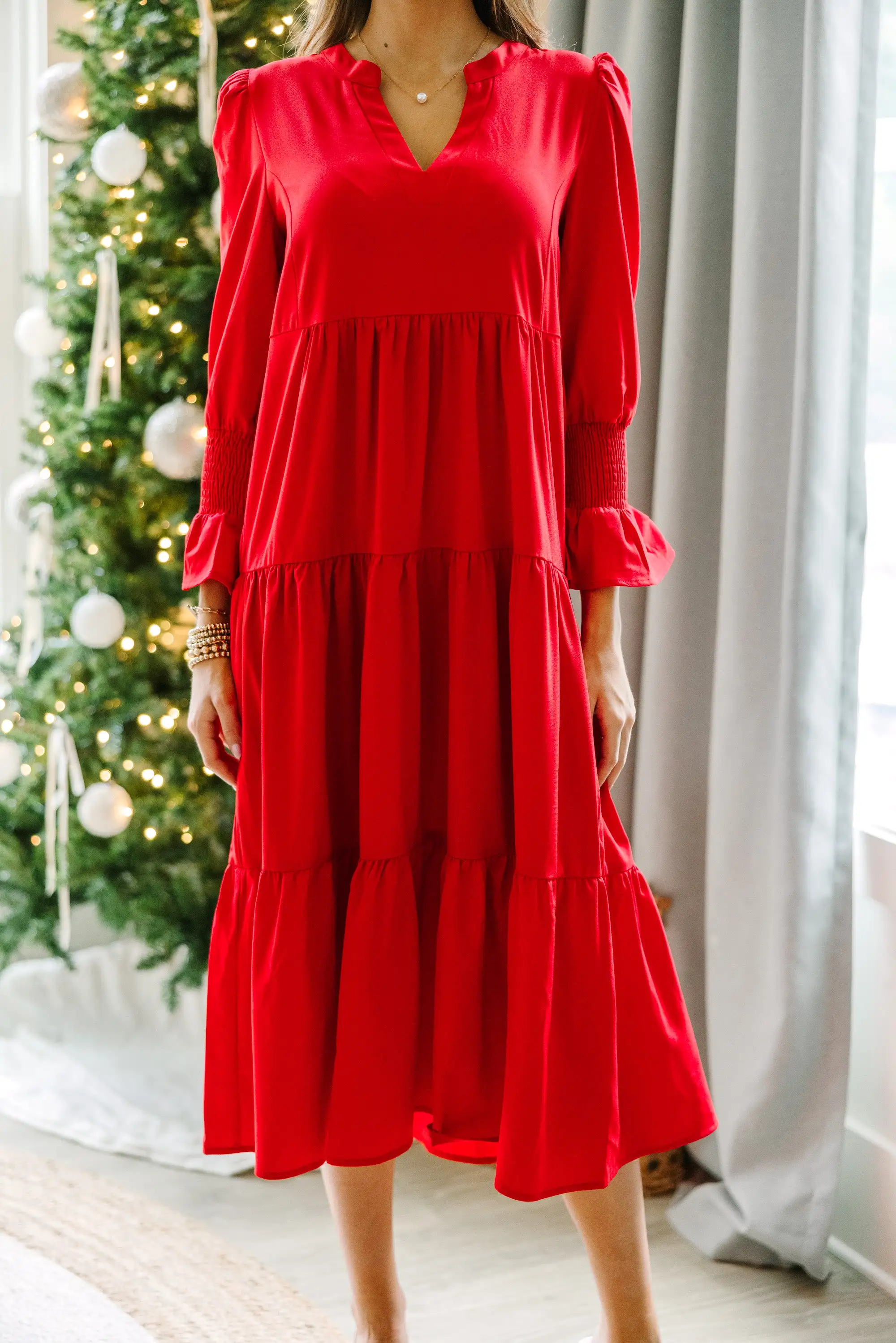 What A Surprise Red Tiered Midi Dress