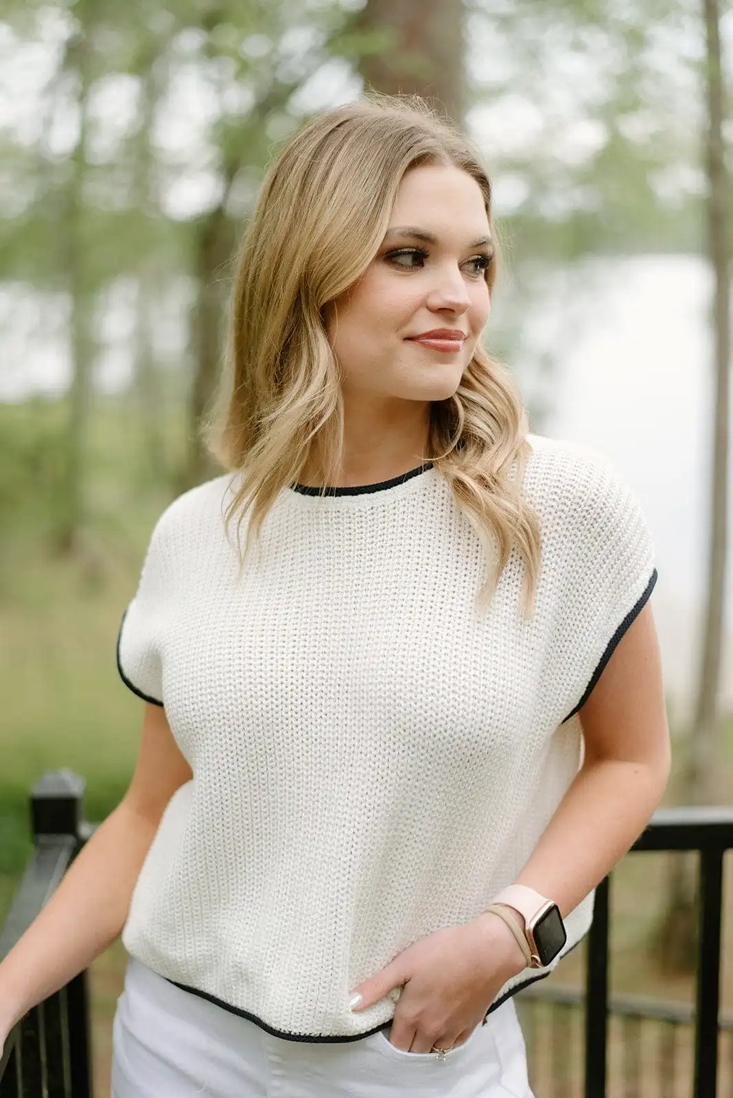 White Knit Contrast Detail Top