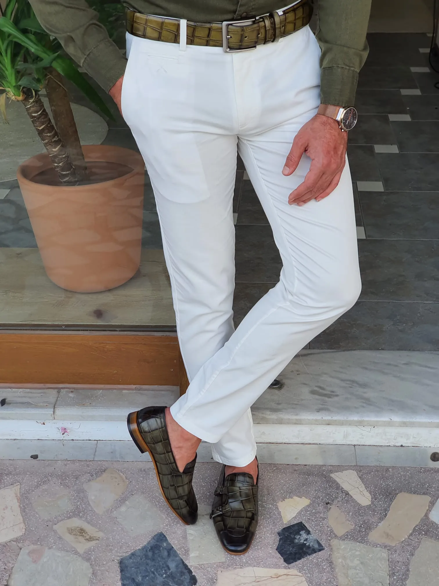 White Slim Fit Cotton Pants for Men by GentWith | Worldwide Shipping