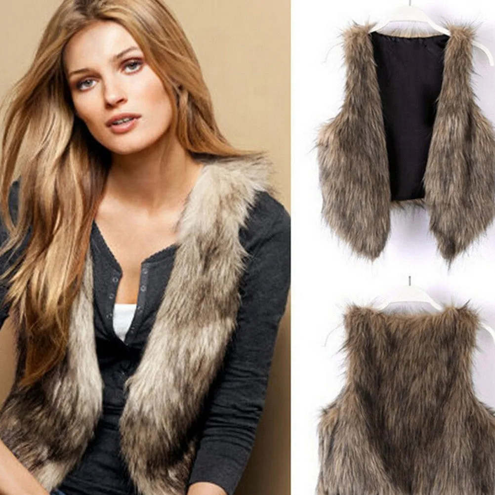 Women Sleeveless Faux Fur Thick Coat Outerwear Vest Plus Size Padded Jacket Overcoat Parka SM6