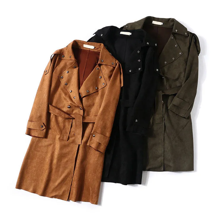 Women Trench Suede Cool Rivets Coat With Belt Turn Down Collar Overcoat Classic Trench