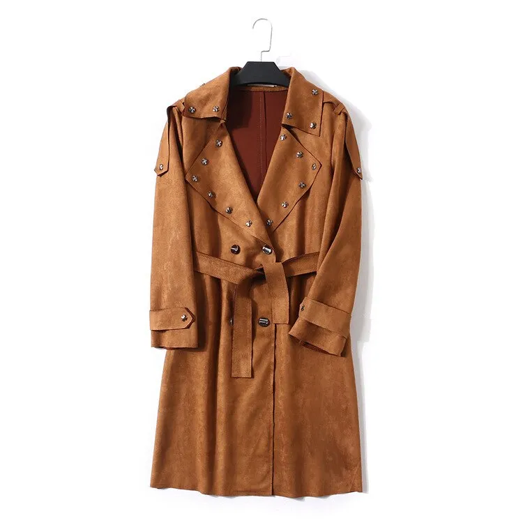 Women Trench Suede Cool Rivets Coat With Belt Turn Down Collar Overcoat Classic Trench