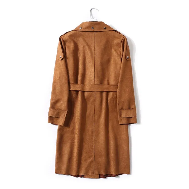 Women Trench Suede Cool Rivets Coat With Belt Turn Down Collar Overcoat Classic Trench