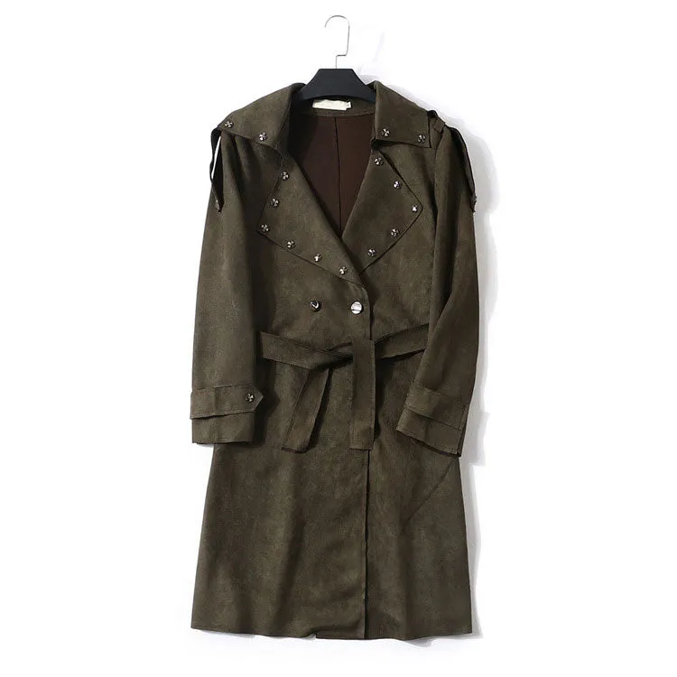 Women Trench Suede Cool Rivets Coat With Belt Turn Down Collar Overcoat Classic Trench