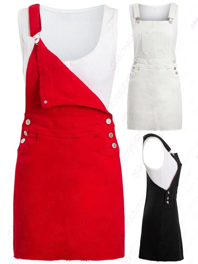 Womens Denim Dress Ladies Stretch Sleeveless Dungaree Dresses Size 8 10 12 14 Red Black